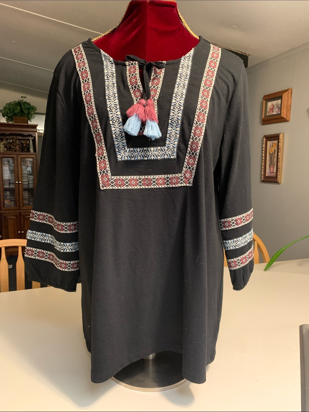 Style & Co. Black Embroidered Peasant Tunic with Tassels